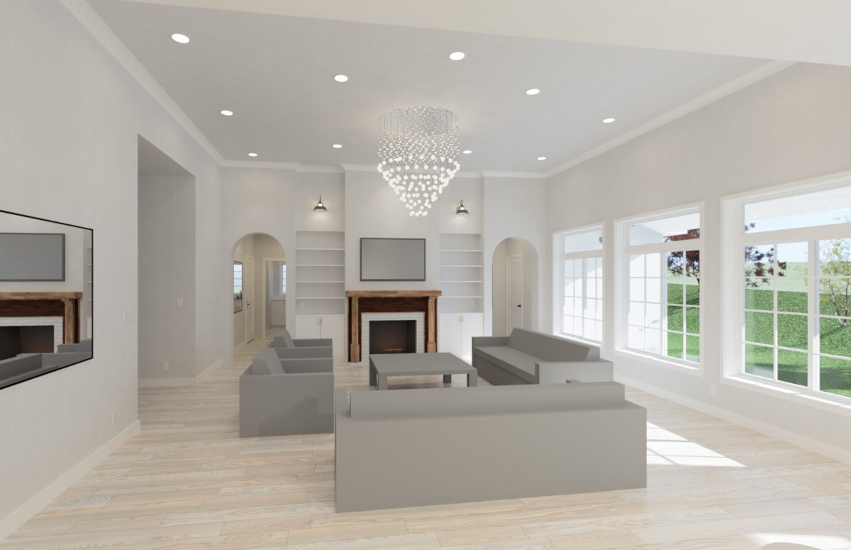 interior rendering of kitchen seen from living room