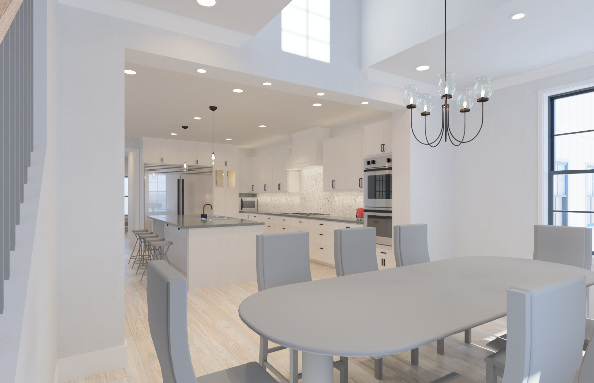 interior rendering of kitchen seen from living room