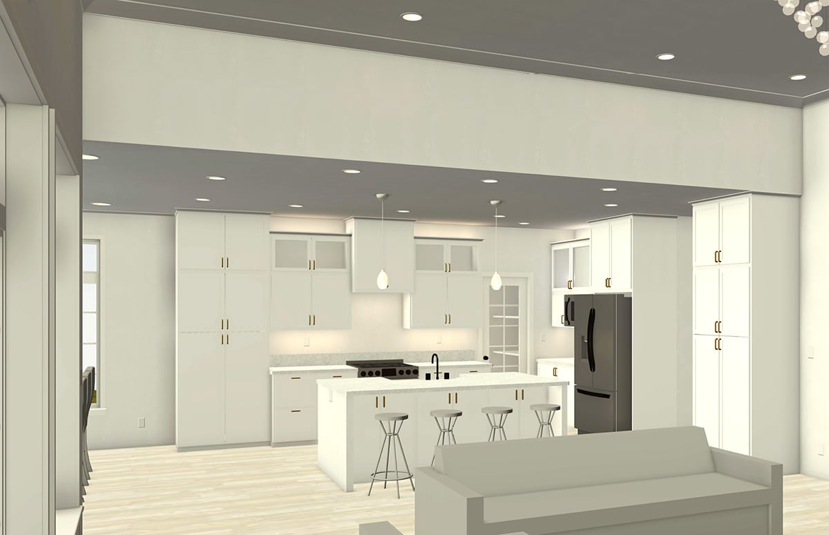 interior rendering of kitchen seen from living room